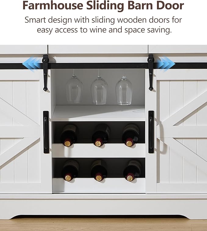 Kmax Farmhouse Wine Bar Cabinet w, 54” Buffet Cabinet with Storage, Rustic White Coffee Bar Cabinet with Sliding Barn Doors, Wine/Glass Rack & 3 Drawers for Living, Dining Room, Black Top