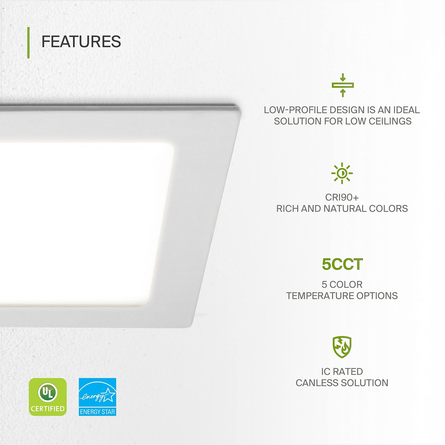 Asd 1 Pack Led Square Recessed Lighting 8 Inch  5 Cct 2700K-5000K Cri90+  20W 70W Eqv  Ultra Thin Dimmable Ceiling Lights With J Box  Canless Wafer Downlight  Slim Panel Light  Ul Energy Star  White