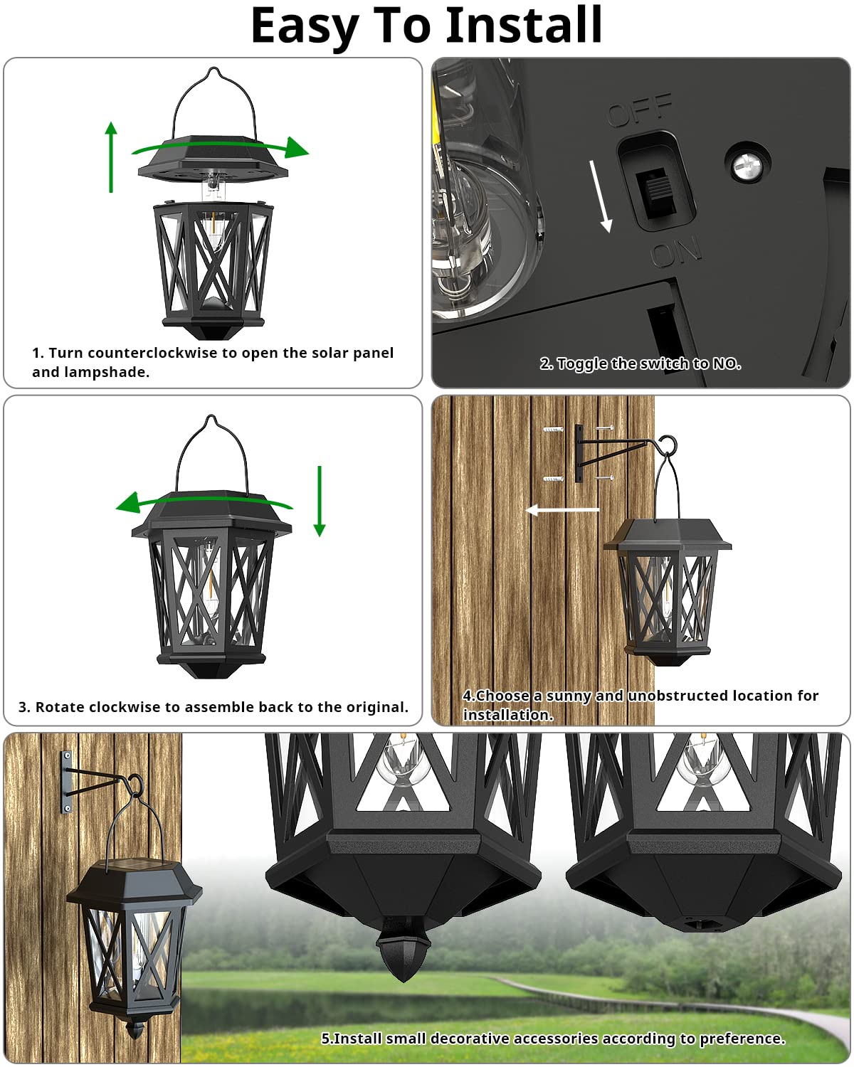 Teklaps Solar Lanterns - Waterproof Metal Hanging Lights, Led, Black, 2 Pack, Model Zz-24A, Ideal For Yard & Garden