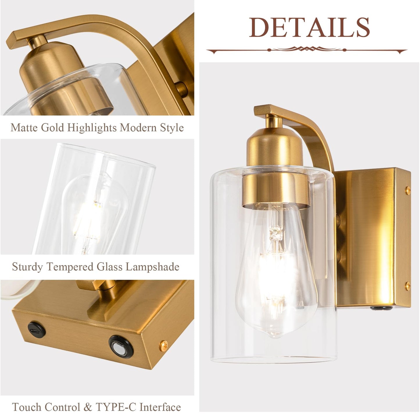 BELS Wall Sconces Set of 2, 8 Inch Gold Battery Operated, Dimmable with Remote, Clear Glass, Model VL-1195WT-GD-2P