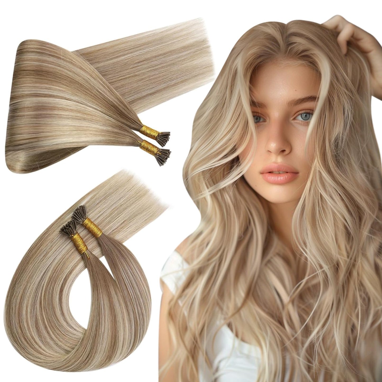 Ugeat Balayage Itip Human Hair Extensions Light Brown Ombre I Tip Hair Extensions Real Human Hair Platinum Blonde to Add Volume