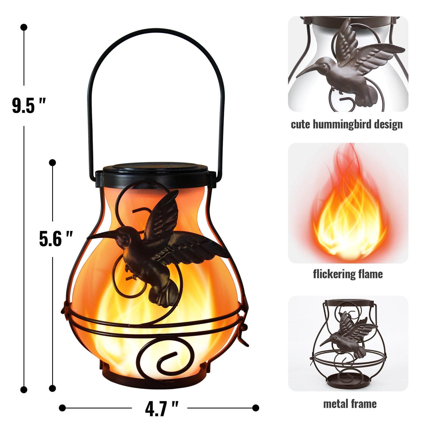 X-PREK Solar Lanterns 2 Pack Outdoor Waterproof Flickering Flame Hummingbird Metal Hanging Garden Decor Brown