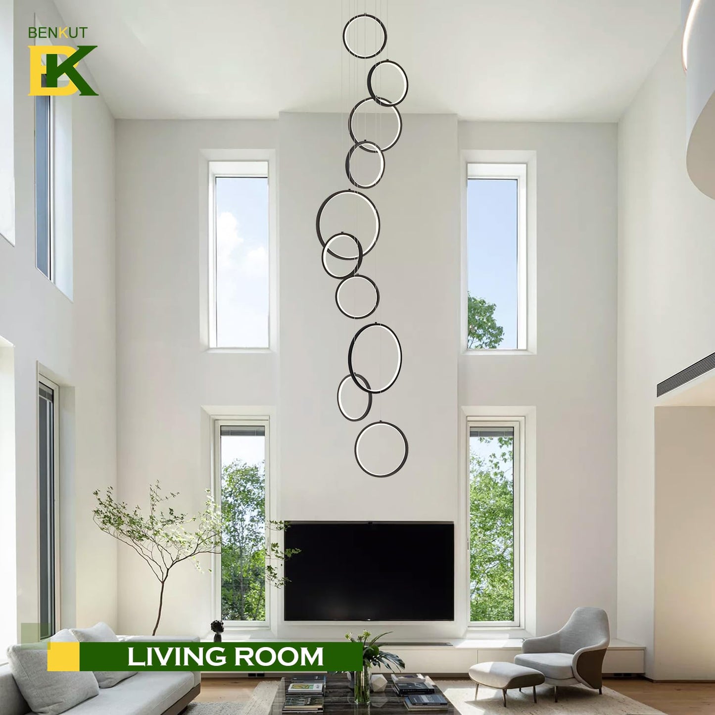 Benkut High Ceiling Chandelier 10 Ring Black LED Light with Remote Control, 98.5in, Aluminum