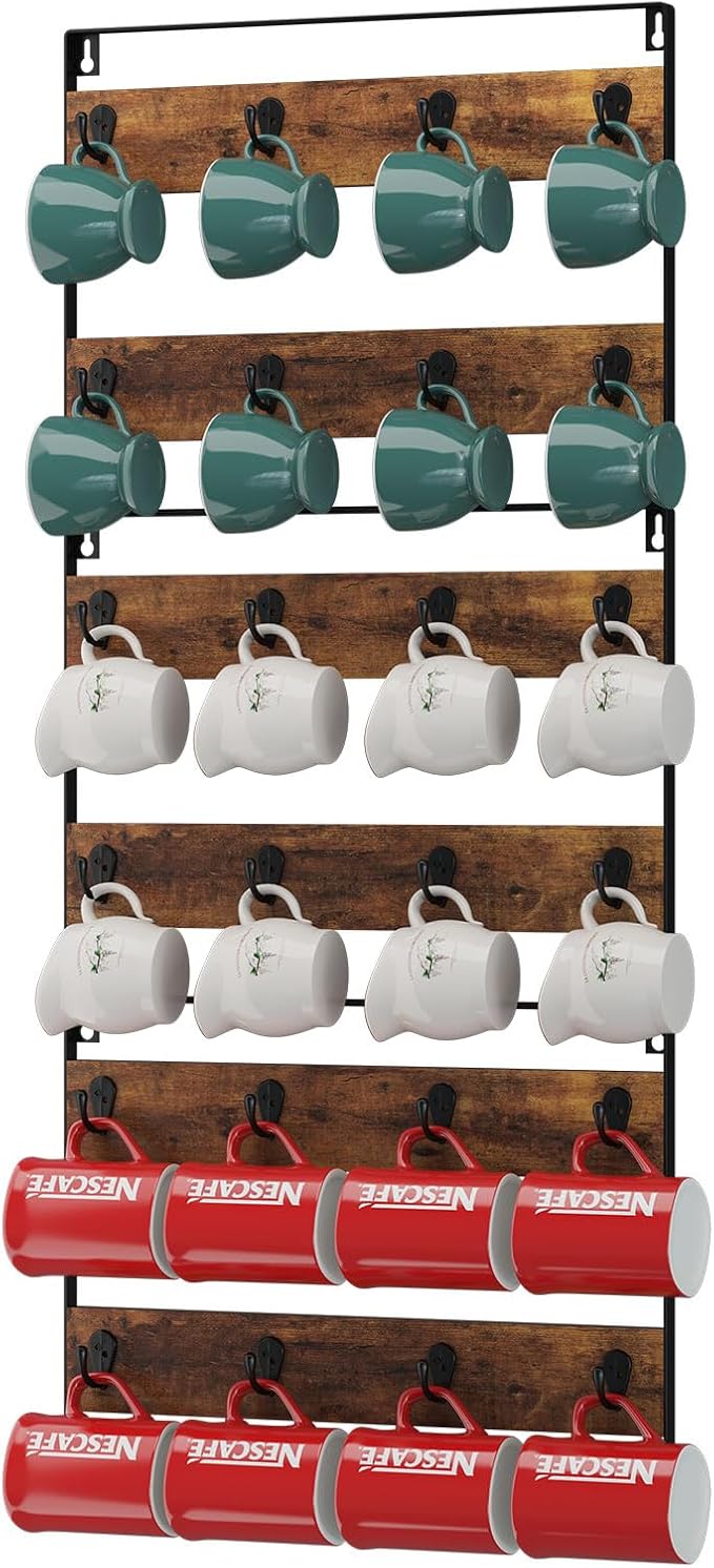 IBUYKE Mug Racks for Wall,Set of 3, 24-Hook Large Coffee Mug Holder Wall Mounted, Rustic Wood Coffee Mug Rack Display Organizer for Kitchen, Home,Bar, Coffee Station,Rustic Brown TBJ005H-3