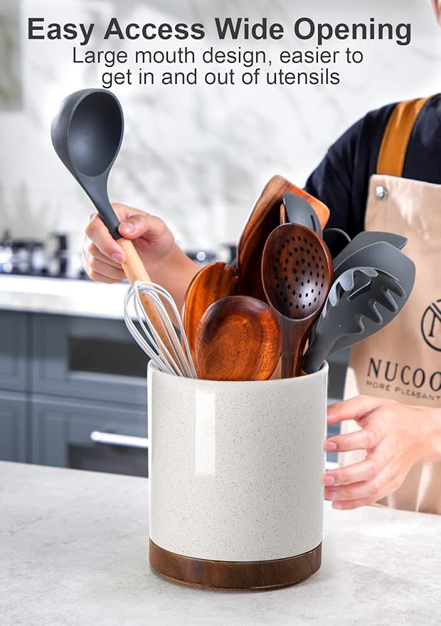 Nucookery 360°Rotating Utensil Holder, 7.2" Large Utensil Crock, Ceramic Cooking Utensil Organizer with Countertop-Protection Cork Bottom for Farmhouse Kitchen Decor Christmas Thanksgiving Gift (Sand)