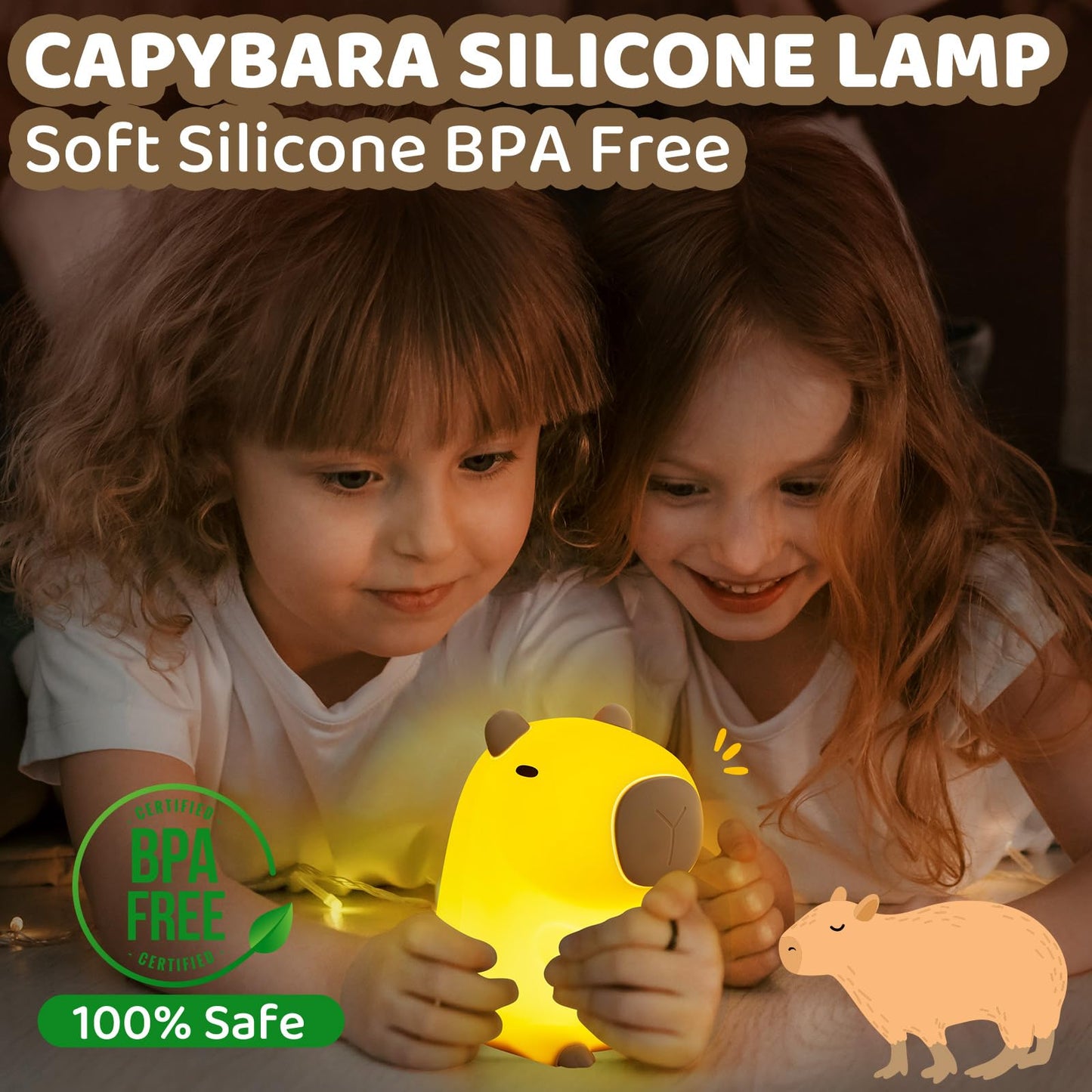 Huggwaii Squishy Capybara Night Light For Kids - Soft Silicone Tap-Control Kids Night Light With 2 Brightness Levels & 20-Min Timer  Cute Lamp For Nursery Bedroom Decor  Baby Gift (1200Mah Battery)