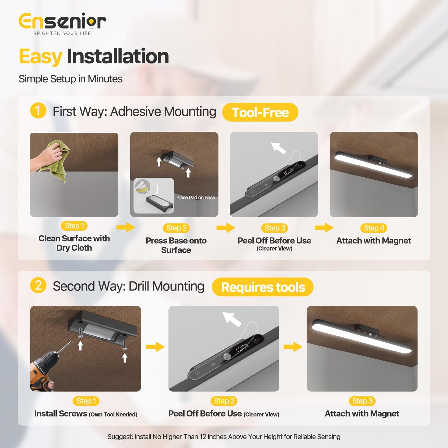 Ensenior Light Bar  14 Inch Under Cabinet Motion Sensor Lighting With Stepless Dimming 3Cct Remote Magnetic Rechargeable 2000Mah Battery  Motion Sensor Light Indoor For Kitchen  Cabinet  Closet