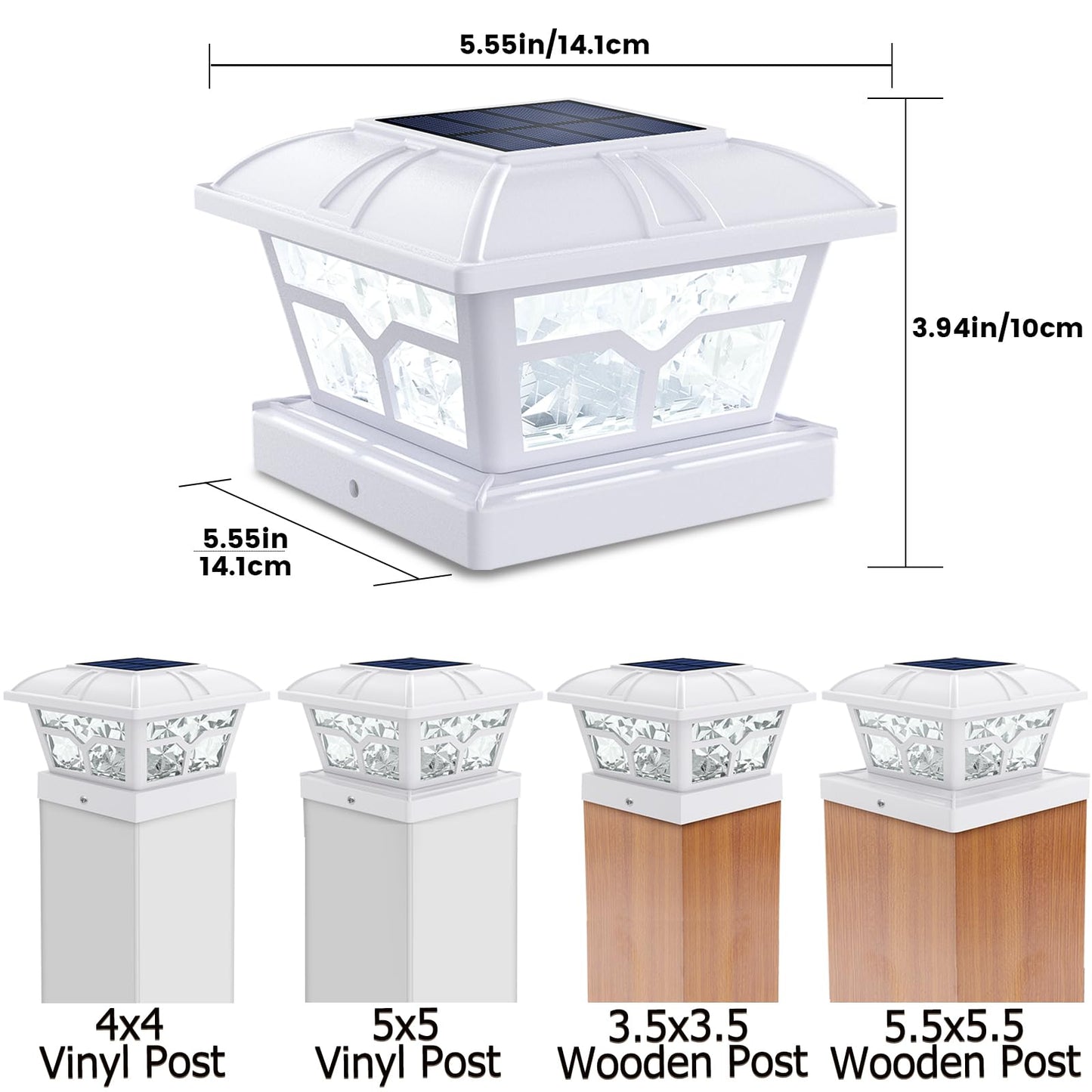 SIEDiNLAR Solar Post Cap Lights, 8 LEDs, 2 Color Modes, Plastic, 6 Pack, White, Model SD020W-6PK