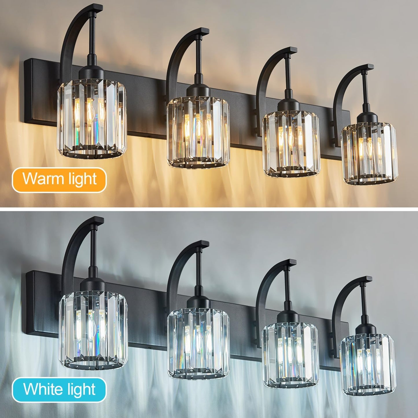 Fdpby 4-Light Crystal Vanity Light  Modern Black Bathroom Wall Sconce With K9 Crystal Shades  32.67 Long Over Mirror Lighting For Vanity  Makeup  Hallway  Elegant & Easy Install