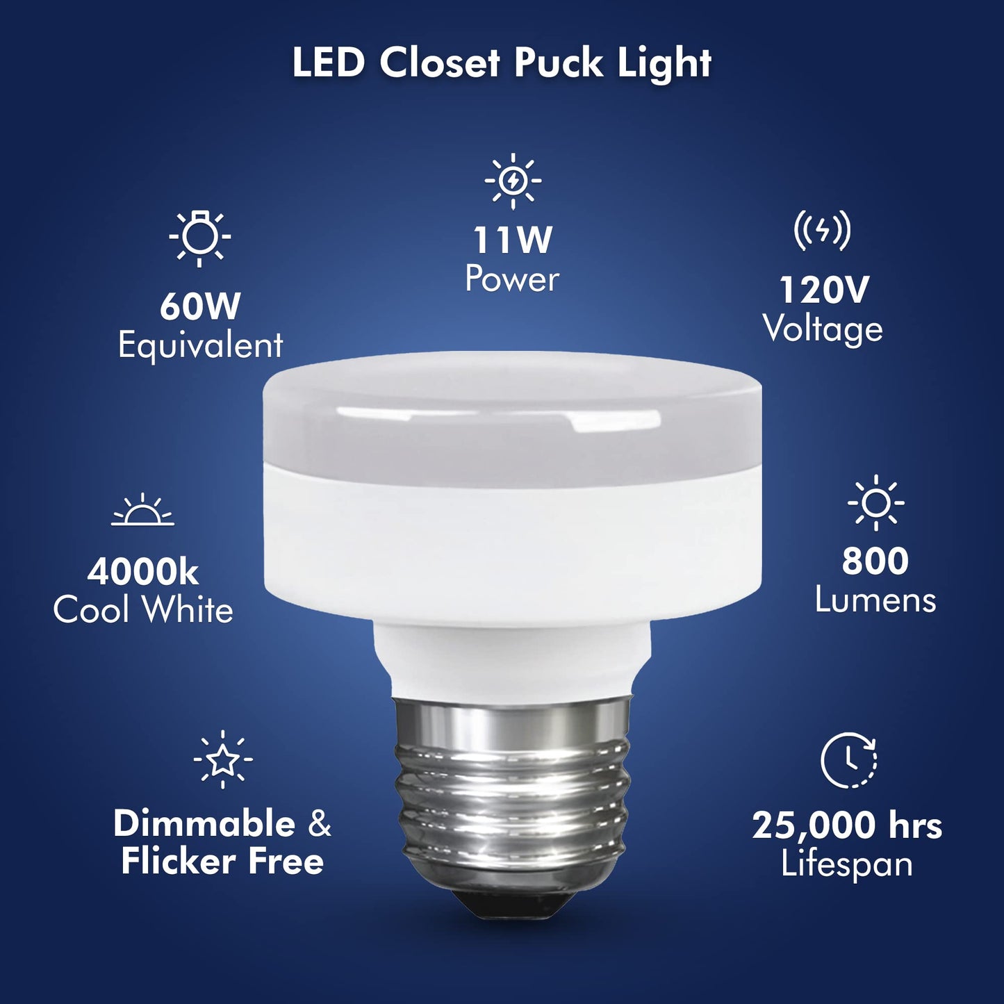 Xtricity LED Closet Puck Light Bulb, Dimmable, 800 Lumens, 4000K Cool White, E26 Base, 6 Count, UL Listed