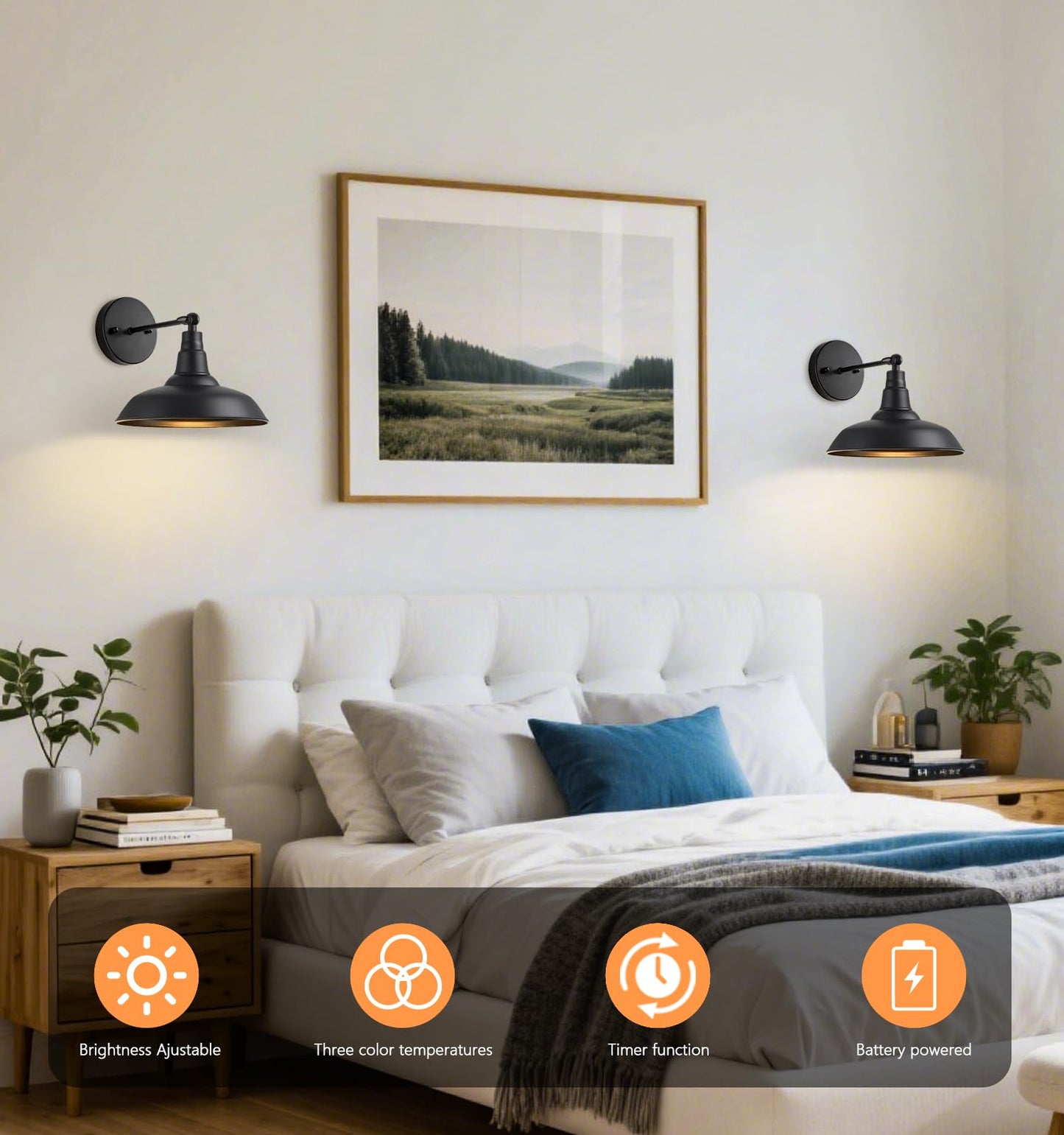 Lzwelcy Wall Sconces Set of 2, Battery Operated, Remote Control, Metal, Black, Model 9008, Indoor Lighting for Bedroom and Hallway