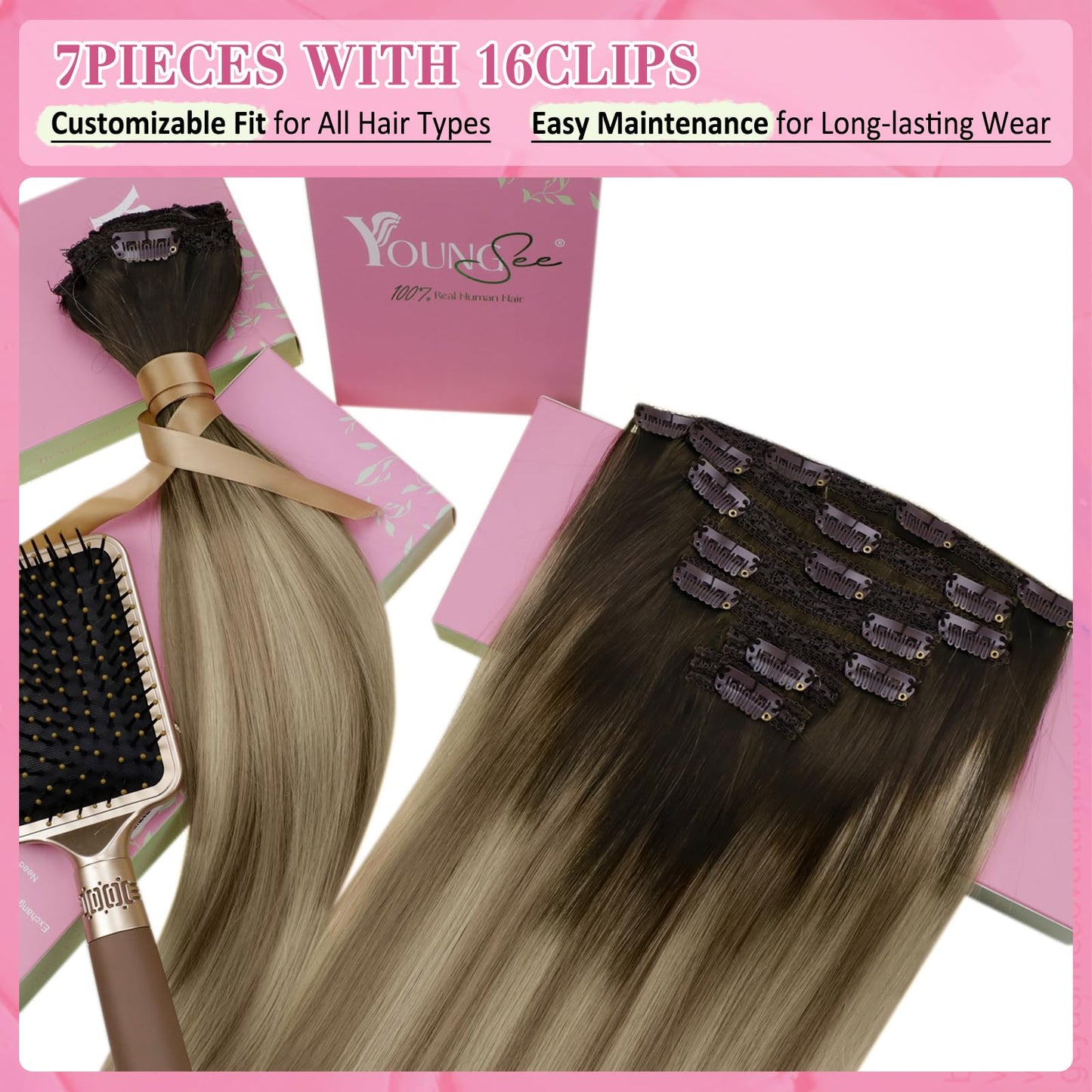 YoungSee Clip on Human Hair Extensions Brown Ombre Clip in Extensions Human Hair Dark Brown Ombre Light Brown with Blonde Remy R