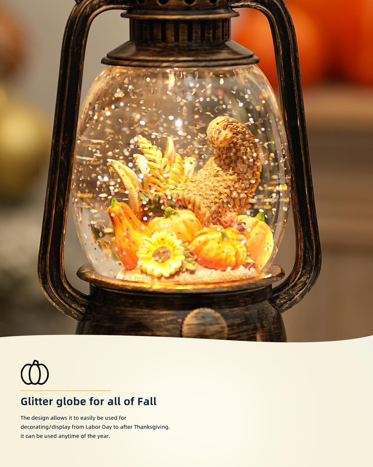 Fall Decorations for Home - Vintage Fall Snow Globe Lantern with 6H Timer,Pumpkin Sunflowers Scene Snow Globes USB or Battery Powered,Fall Decor for Fall Harvest Thanksgiving Autumn