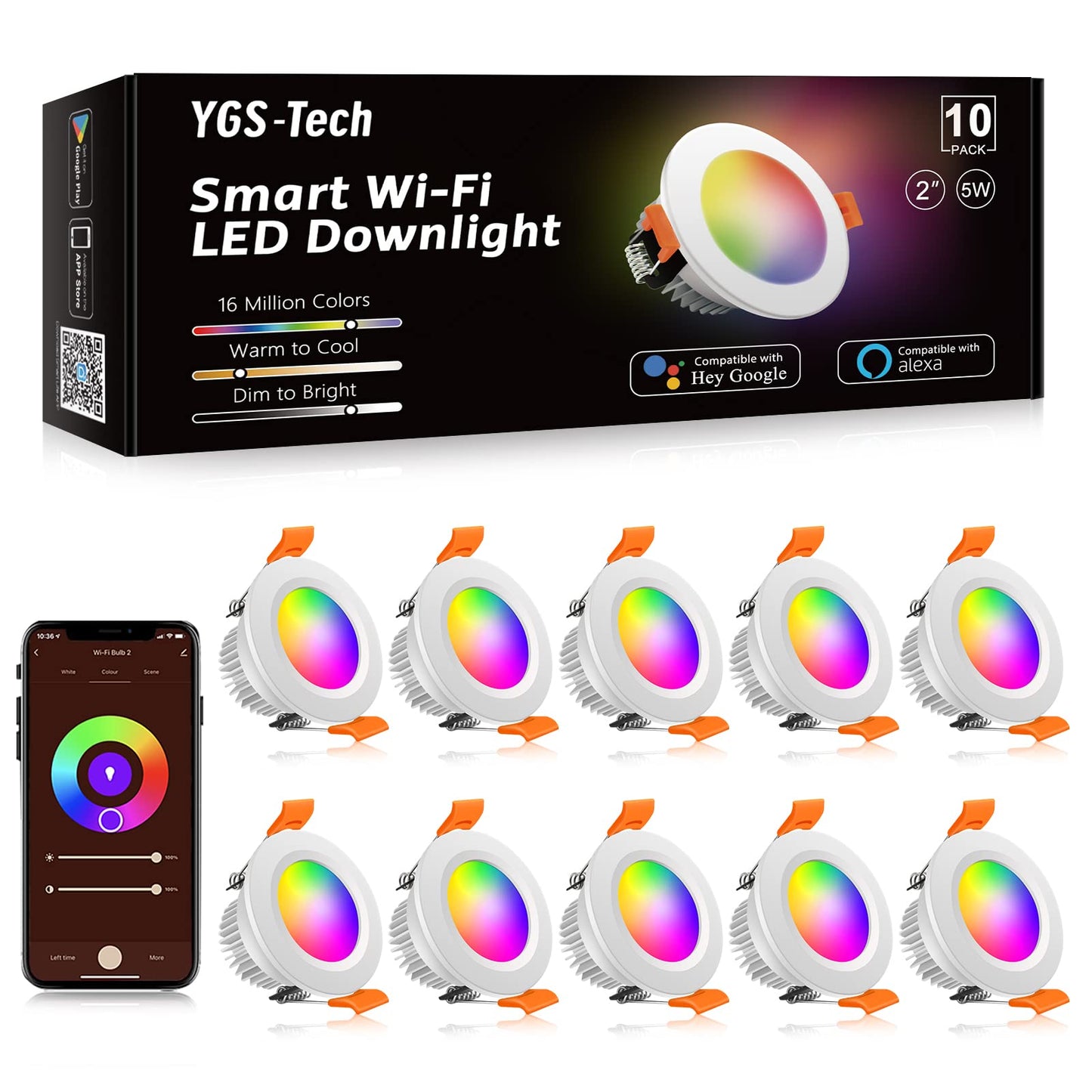 YGS-Tech Smart LED Recessed Lighting Downlight, Dimmable RGB & CCT 2700-6500K, 10 Pack, Metal, WiFi Compatible with Alexa and Google Home