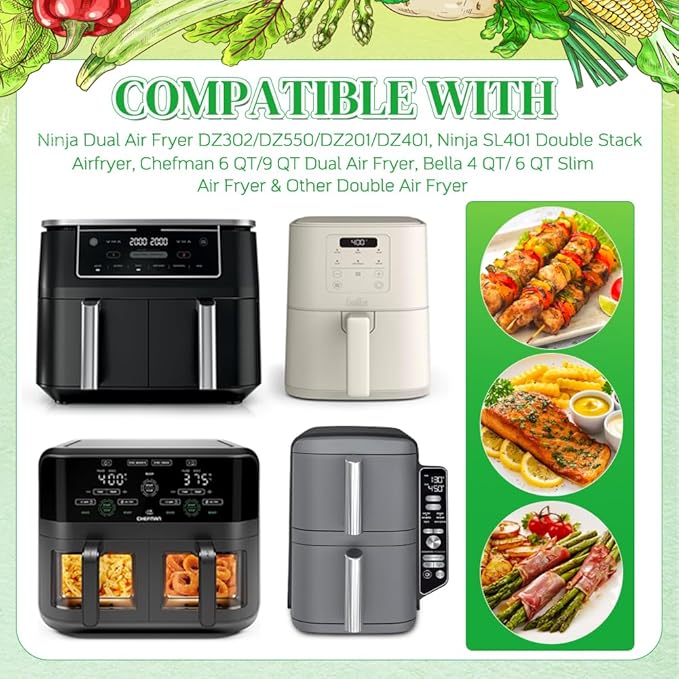 BYKITCHEN 300PCS Air Fryer Liners for Ninja Dual Airfryer, Rectangle Disposable Air Fryer Parchment Paper Compatible with Ninja DZ201/ DZ401/ DZ550, Bella Slim Airfryer &More, Air Fryer Accessories