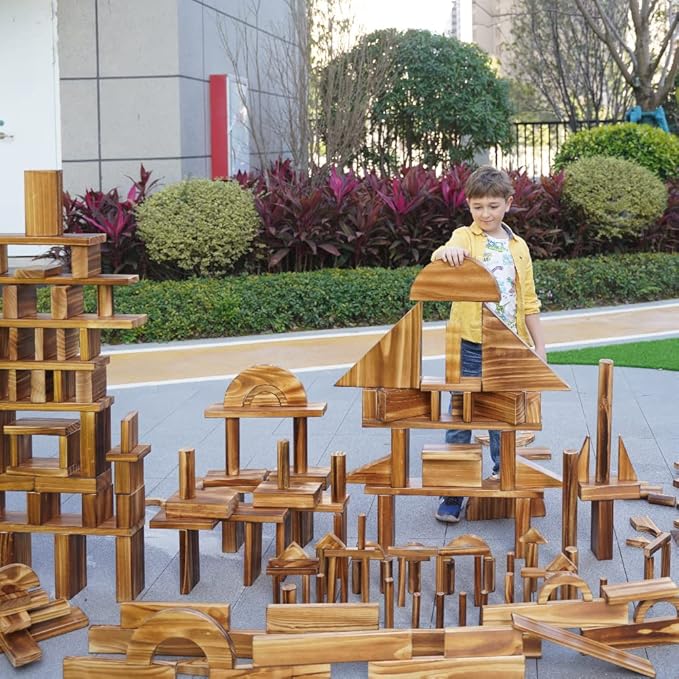 Large Vintage Solid Carbonized Wooden Building Blocks Set for Kids 3-12 Outdoor(67pcs,18.7 lbs), Big Sensory Wood Building Toys for Toddlers, Jumble Outside Wooden Blocks for Preschool