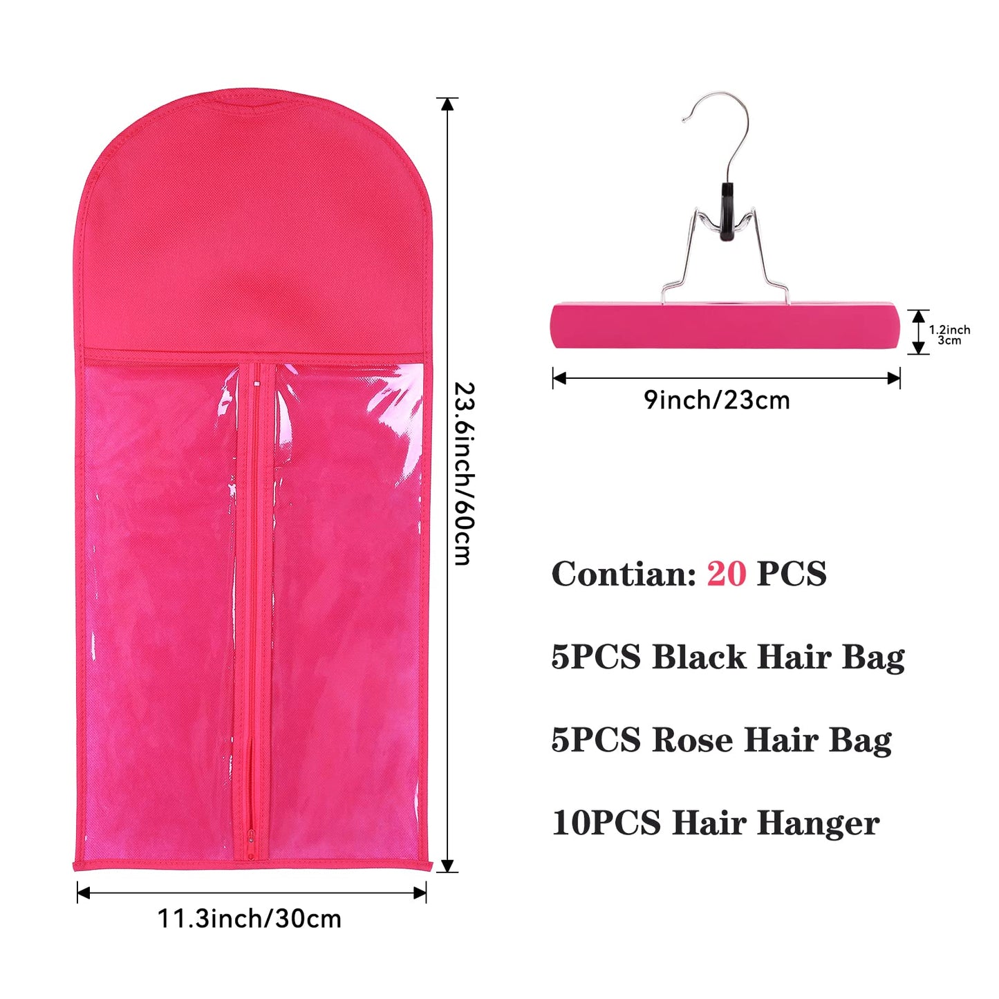 Wig Bags Storage with Hanger - 3 Packs Wig Storage for Multiple Wigs Hair Extension Storage Bag Hairpieces Storage Holder (Rose)