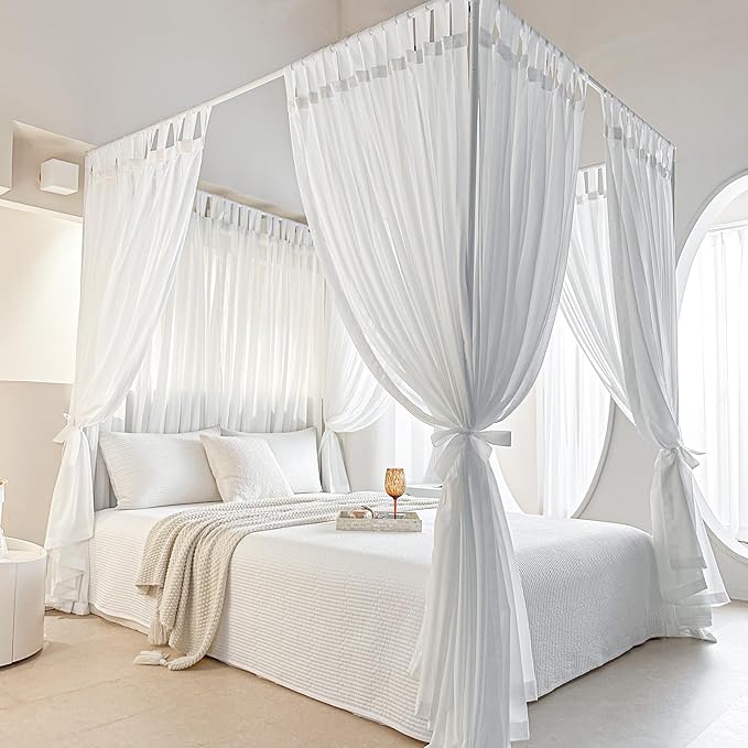 AIKASY Canopy Bed Board with Top and Self-Adhesive Velcro Strips, White Gauze Princess Bed Canopy Curtain Tent, Creating a Romantic Atmosphere in The Room（King/California King，White）