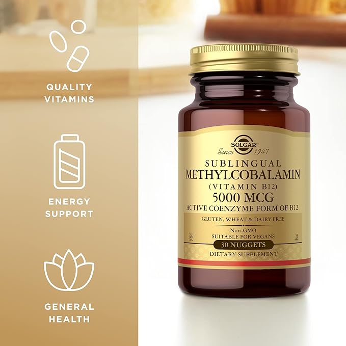 Solgar Methylcobalamin (Vitamin B12) 5000 mcg, 30 Nuggets - Supports Energy Metabolism - Body-Ready, Active Form of B12 - Vitamin B - Non GMO, Vegan, Gluten, Dairy Free, Kosher - 30 Servings