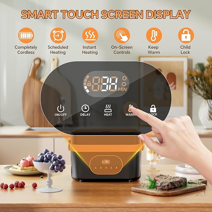 POERUNI.Heated Lunch Box for Adult,Electric Lunch Box for Man,16000mAh Battery &1.5-Liter Container.Wireless Heating is Suitable for Travel,Office.Includes Cutlery,Insulated Bag and Removable Divider