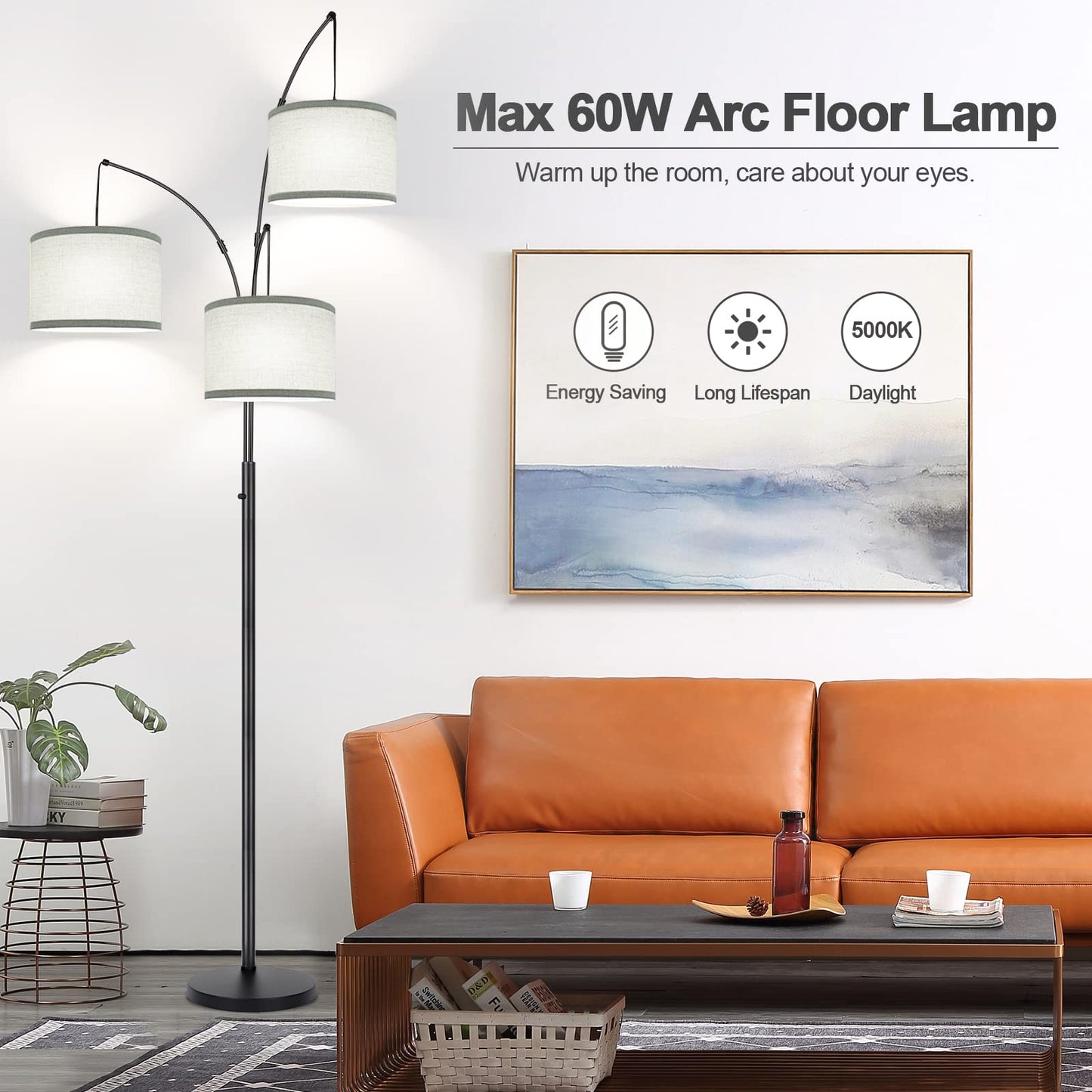 Nintiue Dimmable Floor Lamp - 3 Lights Arc Design, Metal, Matte Black with Gray Linen Shades, Model F1378