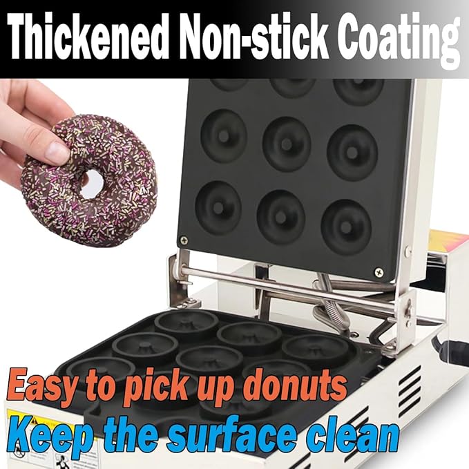 Electric Donut Maker Commercial 9 Holes Mini Doughnut Machine Mini Donuts Maker with Cool Touch Handle Non-Stick Coating for Bakeries Restaurant Snack Bars,1600W, 110V