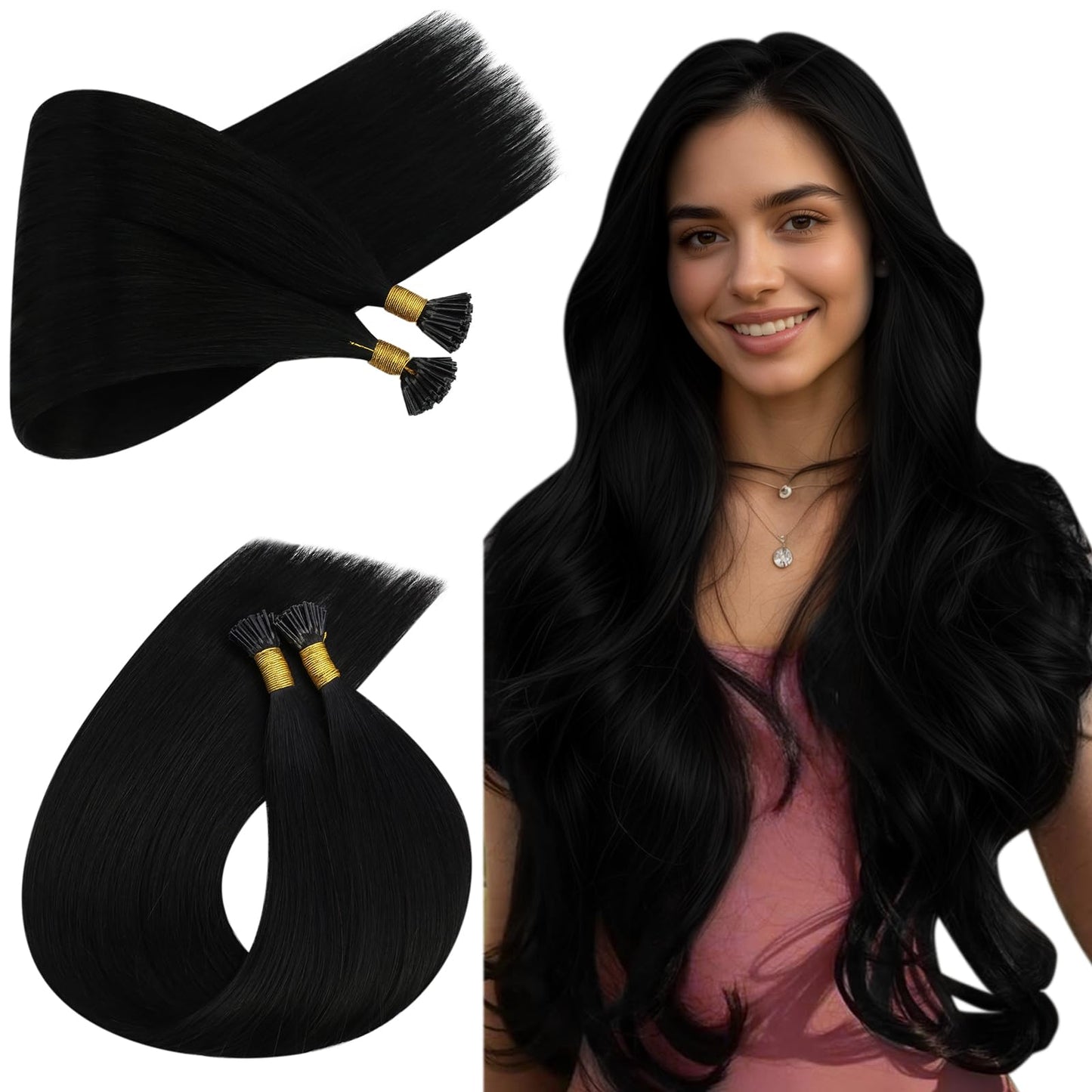 Ugeat Black I Tip Hair Extensions Human Hair Long Straight Jet Black Itip Human Hair Extensions I Tip Invisible Silky Smooth Nat