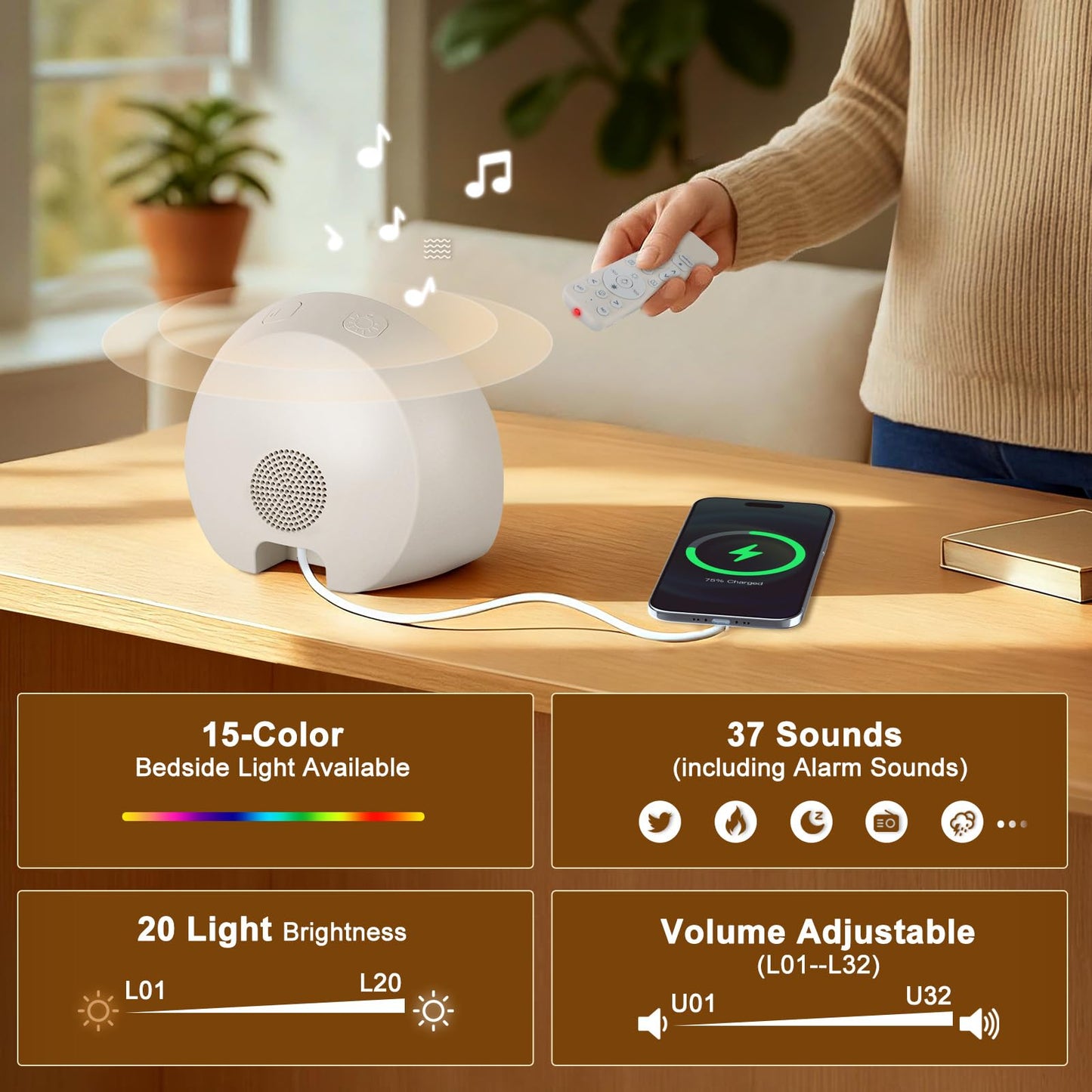 JONRRYIN Sunrise Alarm Clock, Sound Machine Alarm Clock for Bedroom| Wake Up Light for Heavy Sleepers Gift- Bluetooth, Tap to Snooze, USB Charging, 37 Sounds, 15 Colors, Timer, Dual Alarms, Dimmable