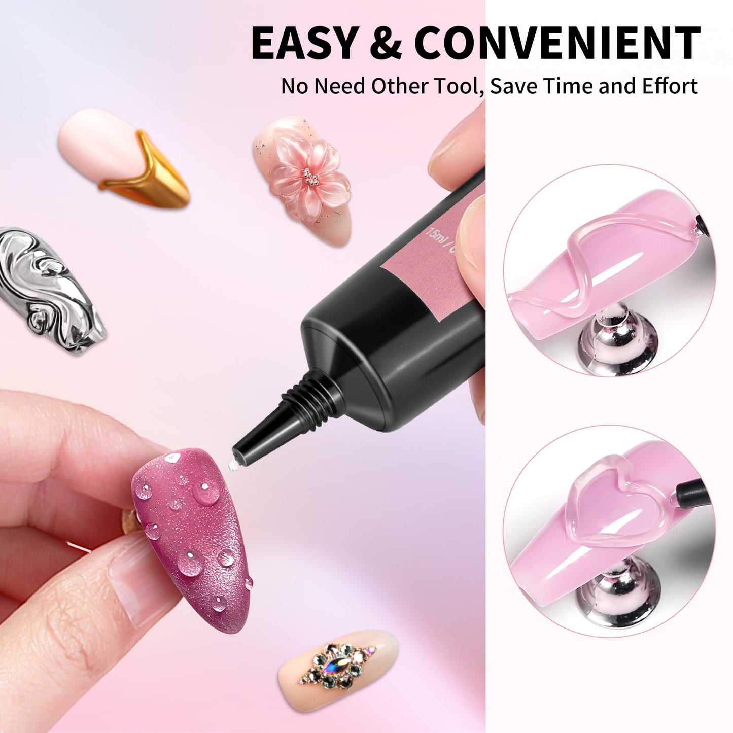 3D Nail Gel and Chrome Nail Powder Kit, 3 in 1 No Wipe Clear 3D Sculpting Gel for Nail Art Carving Molding Rhinestone Glue 15g,