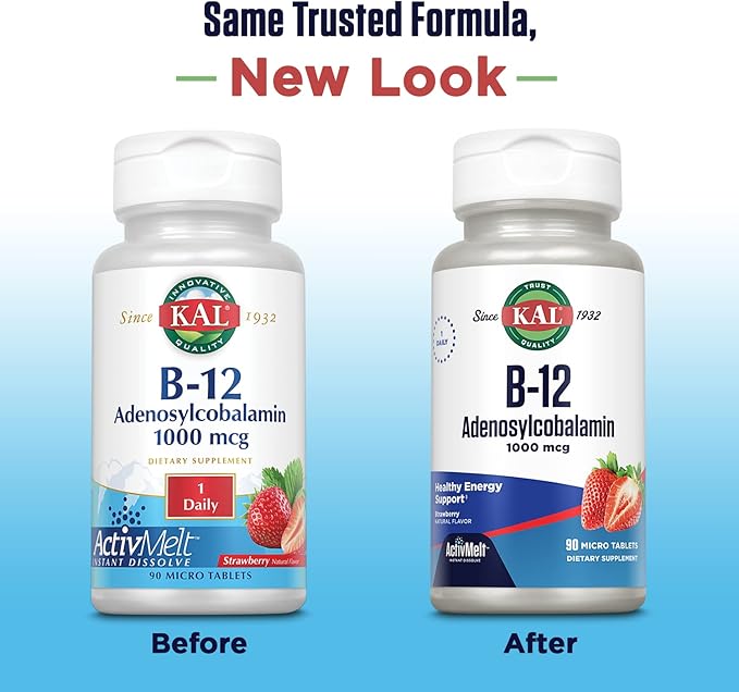 KAL Vitamin B12 Adenosylcobalamin 1000 mcg - B 12 Vitamin, Active B-12 1000mcg for Women & Men, Energy Support - Strawberry Flavor - 90 ActiveMelt Micro Tablets