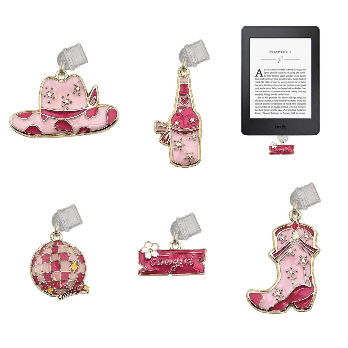 Bolkine 5 Pcs Dust Plug Charms For Kindle, Pink Cowgirl Style Charm Compatible With E-Reader And Smart Devices Type C/Usb C Char