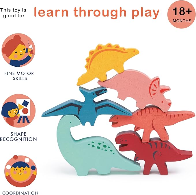 Mentari Toys - Happy Stacking Dinosaurs - 6pc Wooden Stacking Toy for Toddlers - Colorful Dinosaur Balancing Activity Toy with Bag - Boost Fine Motor Skills and Dexterity - Age 18m+