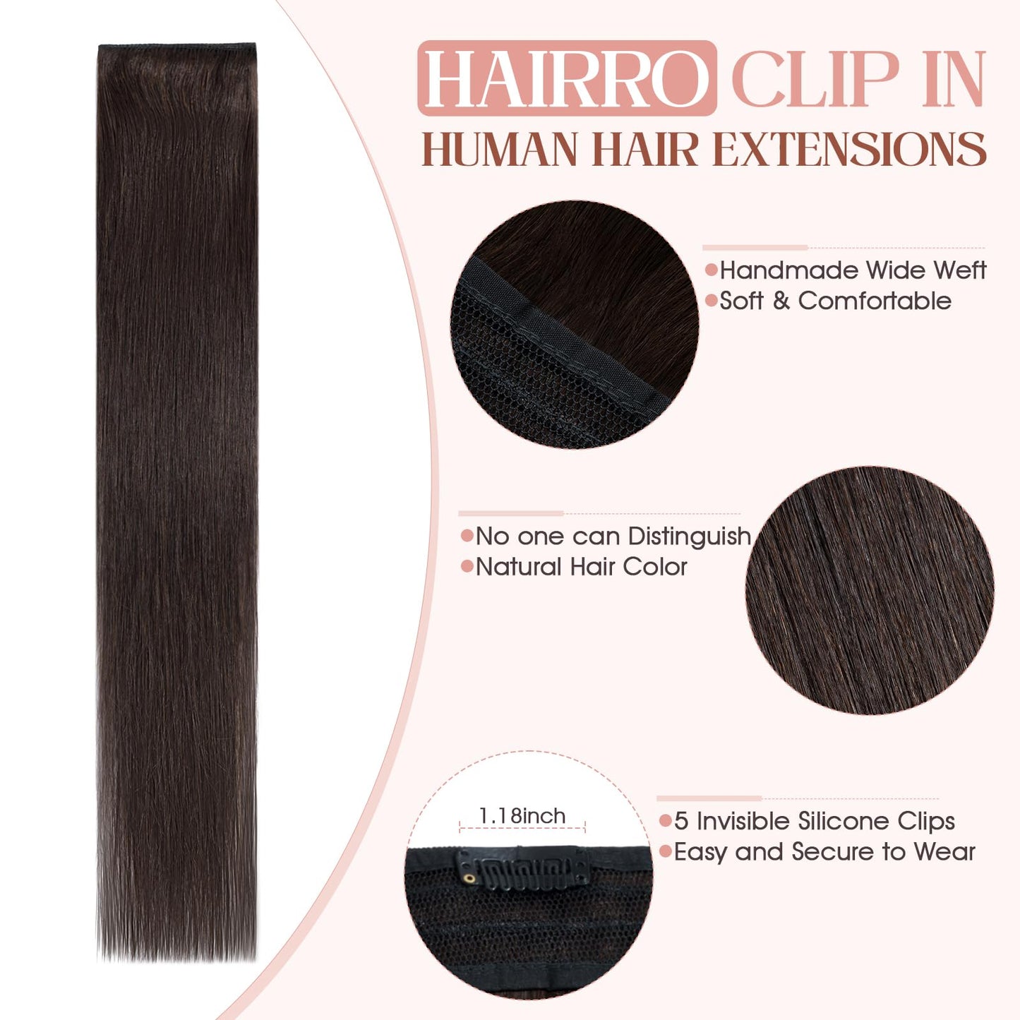 Hairro Clip in Hair Extensions, 100% Real Human Hair, 14 Inch Clip in Remy Brown Hair 45g Thin One-piece 5 Clips Long Straight H