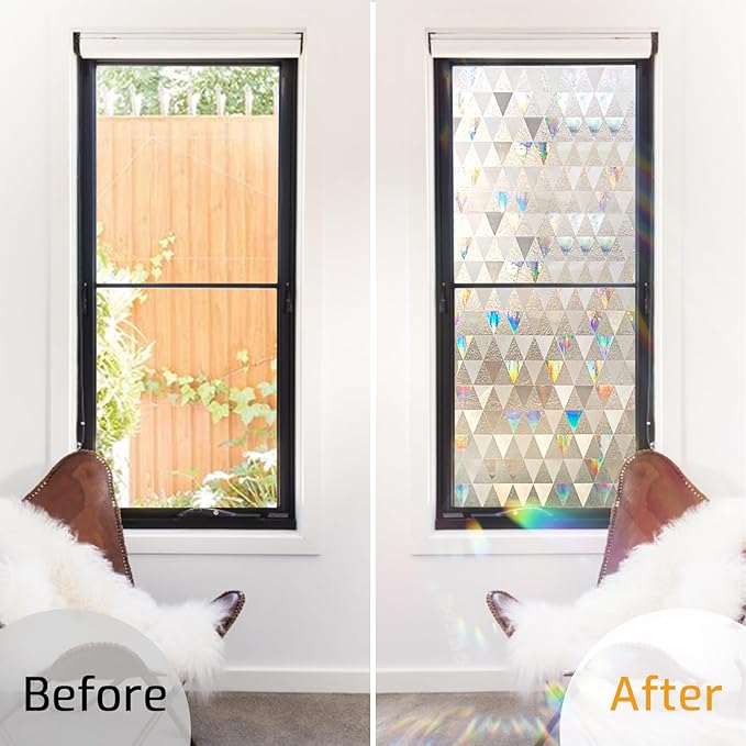 LUTE Window Privacy Film, Decorative Stained Glass Rainbow Window Cling, Sun Blocking Glass Covering, Renter-Friendly Static Cling Sticker Frosted Decals for Home Door Office, 17.5" x 78.7"