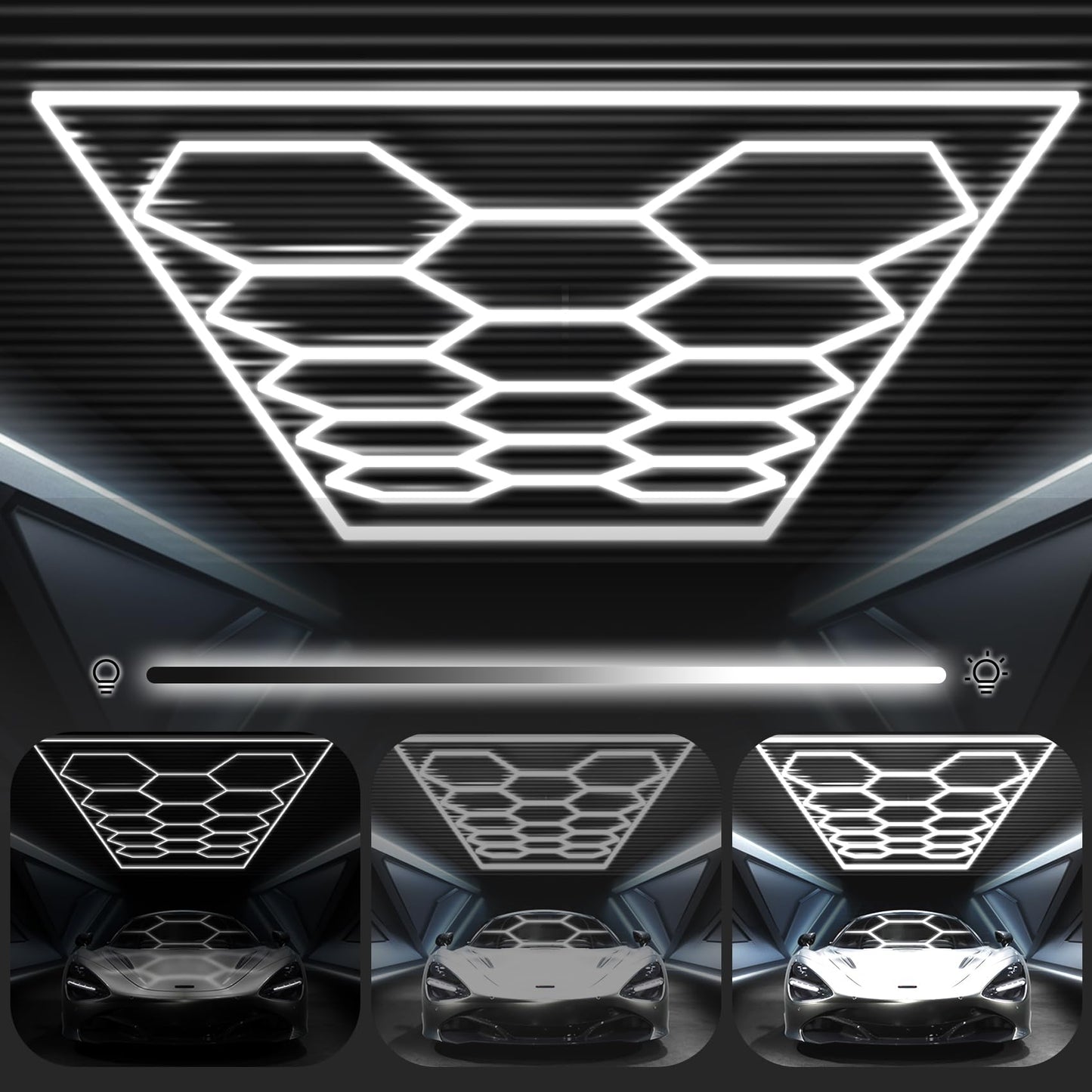 FERUERW Hexagon Garage Lights 3 Level Dimmable with Rectangle Frame, High Brightness 672W 26000 to 86400LM 6500K, 14 Hex Grid for Garage, Shop, Basement, Car Detailing Shop etc. with Mounting Clip