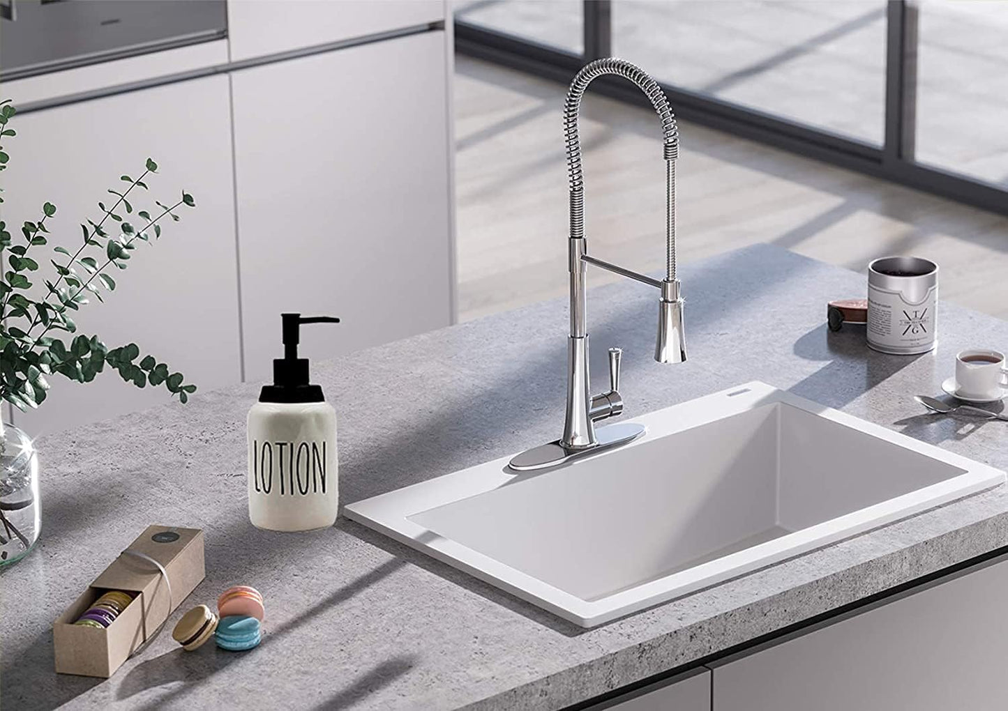 Ceramic Liquid Soap Dispenser, Modern Farmhouse Style Kitchen Counter Décor, Ideal for Kitchen Dish Soap, Hand Soap, Essential Oil & Lotion (Lotion, White Bottles with Black Pump and Lettering)