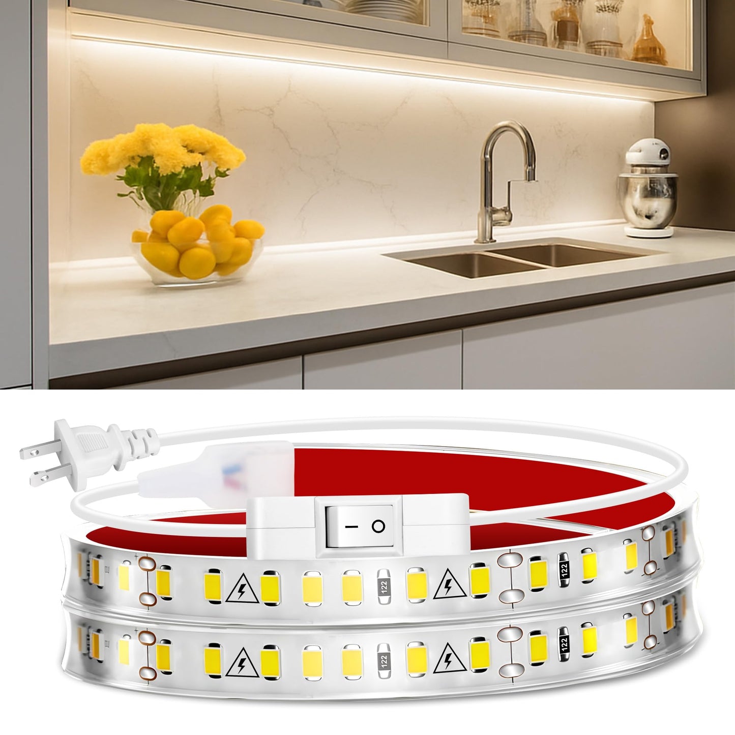 maylit LED Strip Lighting Plug in 24in, Warm White, Ultra Bright, PCB+LED, Model 2700K for Kitchen, Cabinet, Workbench, Indoor