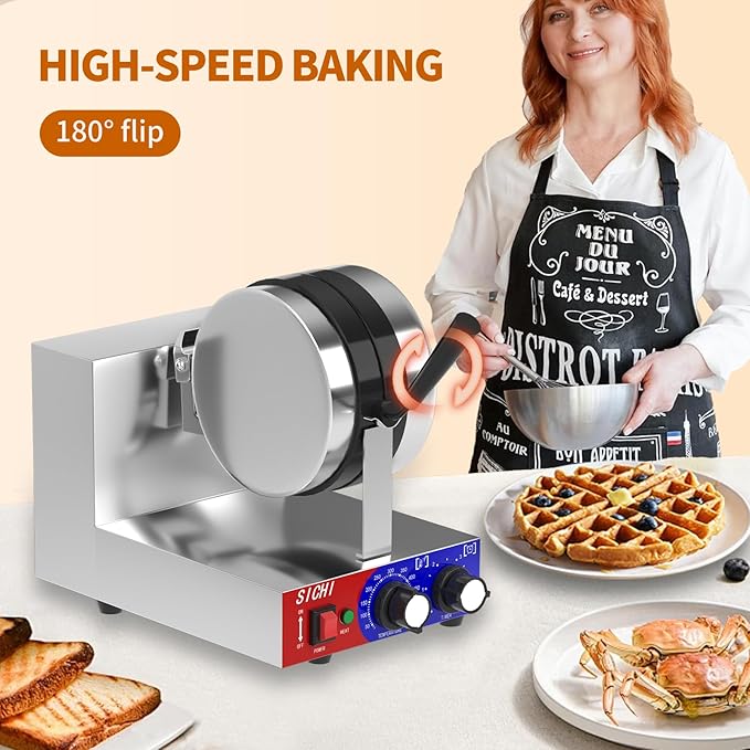 Commercial Waffle Maker - Belgian Waffle Maker w/Non-stick Baking Pan and 550℉ Heating, 1200W Rotating Waffle Iron for 1.2" Thick, Stainless Steel Round Waffle Machine for Restaurant