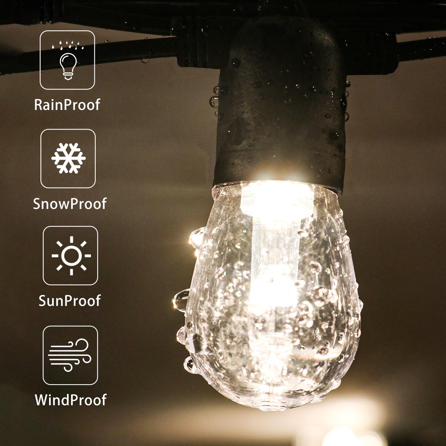 GANA Outdoor String Lights, 48FT, 15 Shatterproof Bulbs, 2200K Warm White, Plastic, Commercial Wire