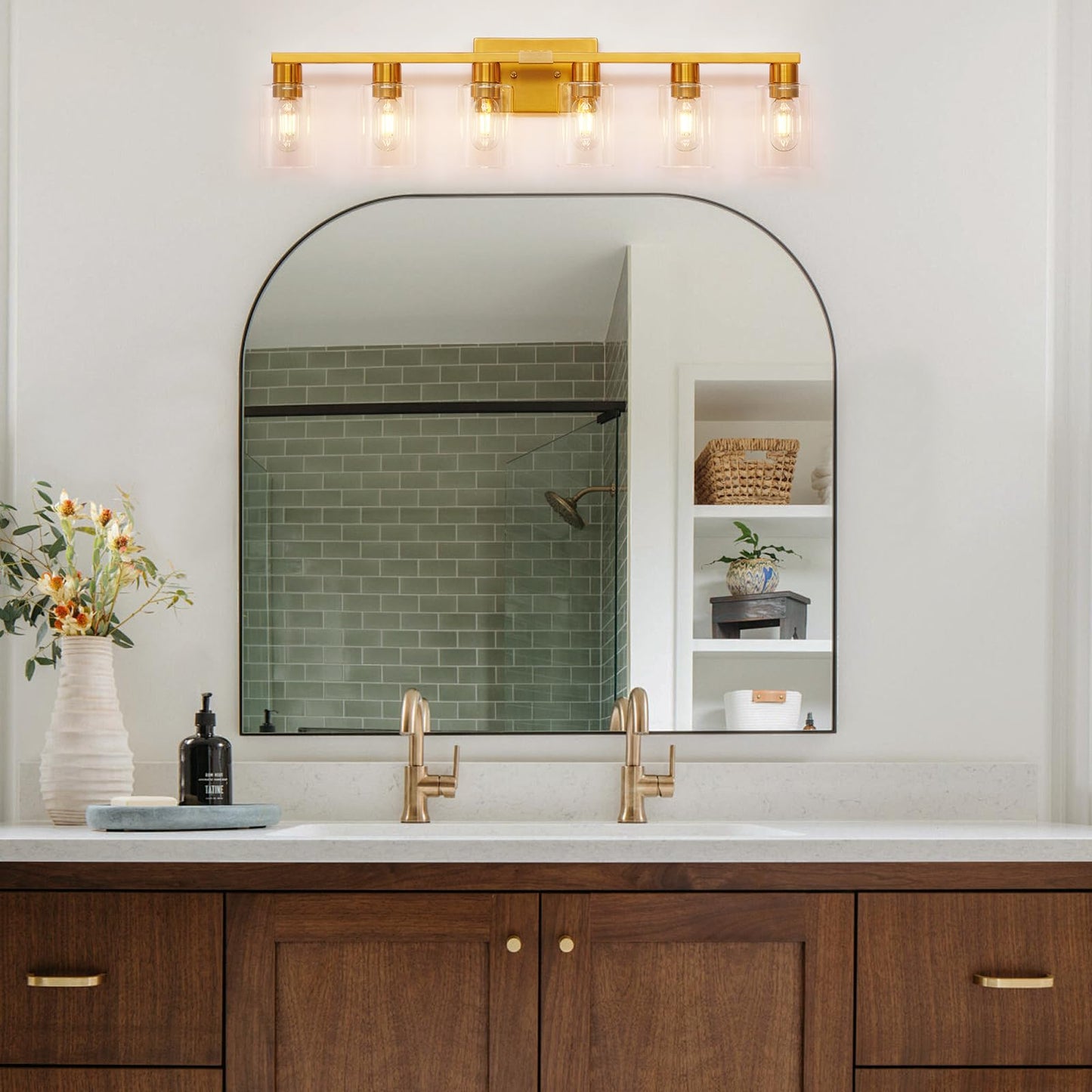 Hdasic 6 Light Bathroom Light Fixtures  Large Gold Bathroom Vanity Light With Clear Glass Shade  Brushed Brass Gold Bathroom Lighting Fixtures Over Mirror  Modern Wall Scones For Bedroom Living Room