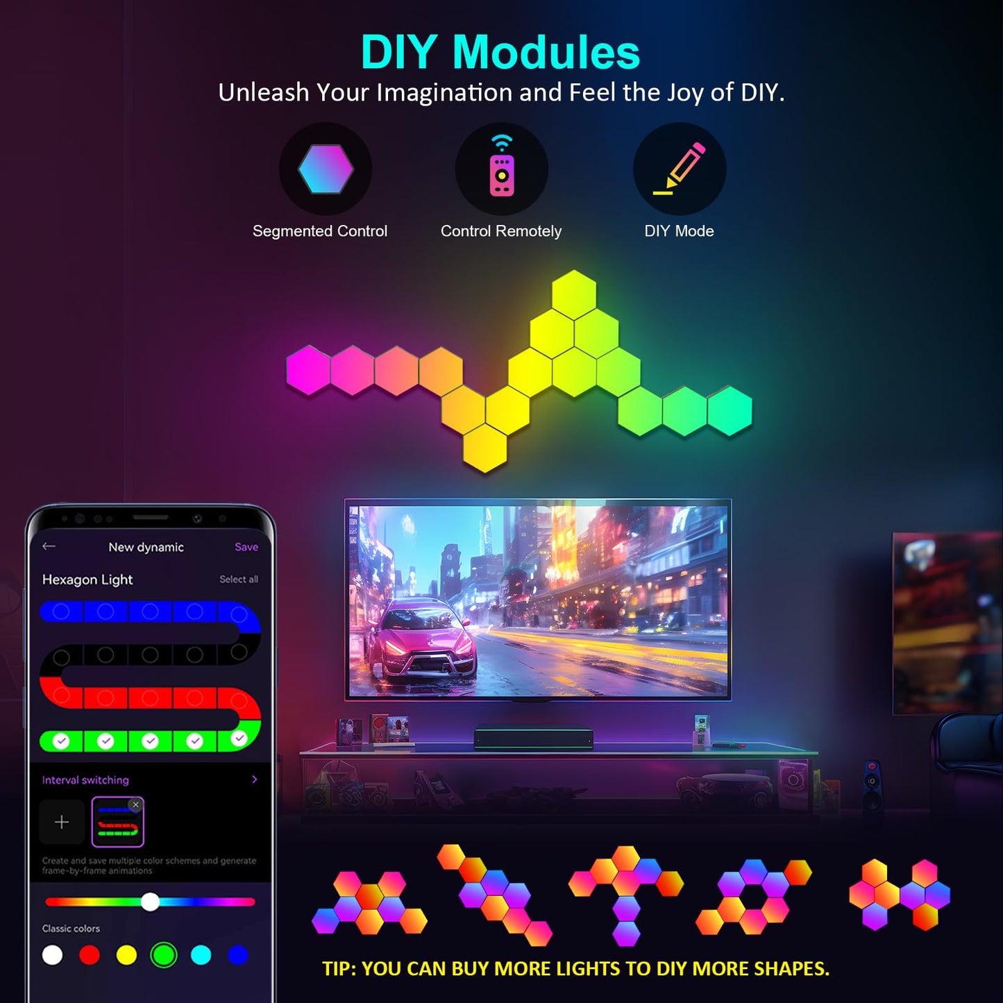 Hexagon LED Lights - 8 Pack Hexagon Light Panels with Smart APP& Remote Control Cool Music Sync Gaming Lights for Living Room, Bedroom, Gaming Room,Children Room