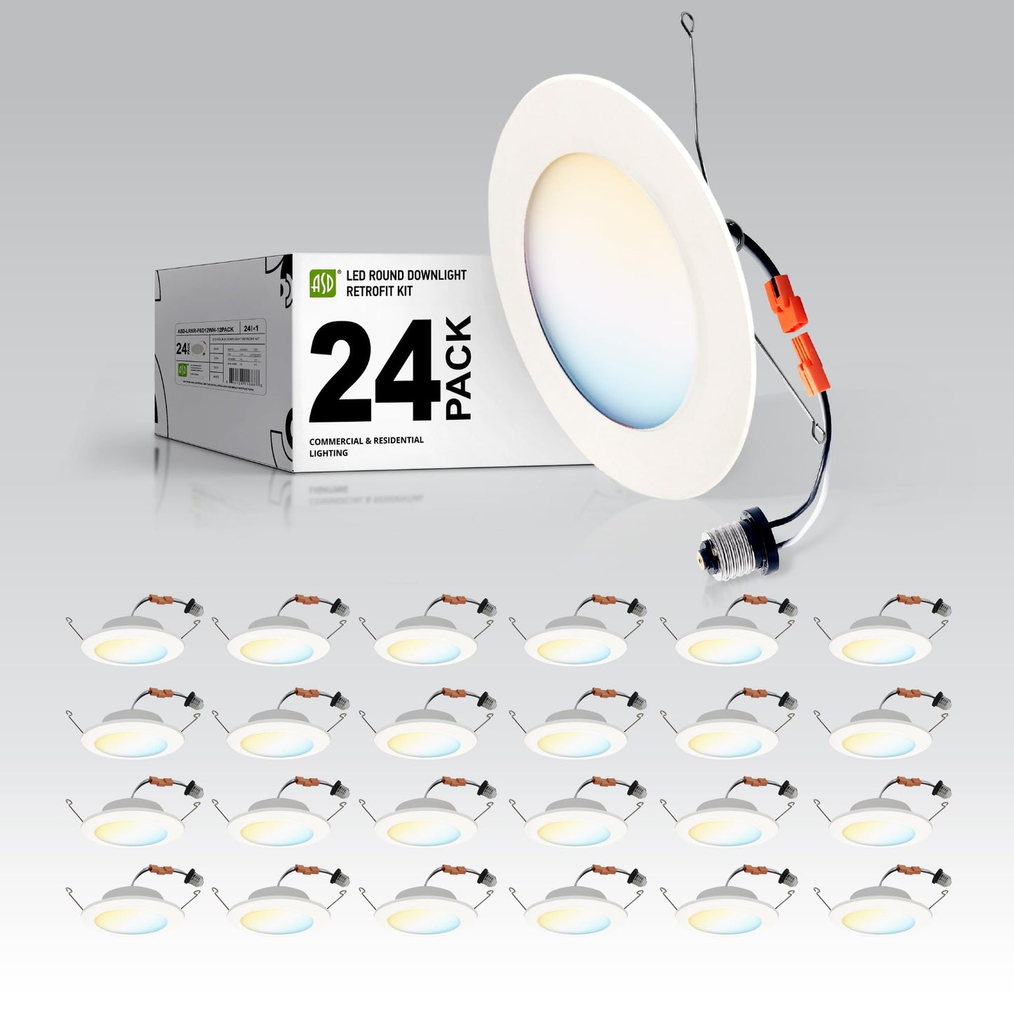 Asd Flat Trim Retrofit Led Recessed Lighting 6 Inch | Ultra Thin White 12W 1021Lm Wet Rated Dimmable Downlights | 2700K-5000K Adjustable Led Recessed Light Fixtures | Disk Can Lights  Etl 24 Pack