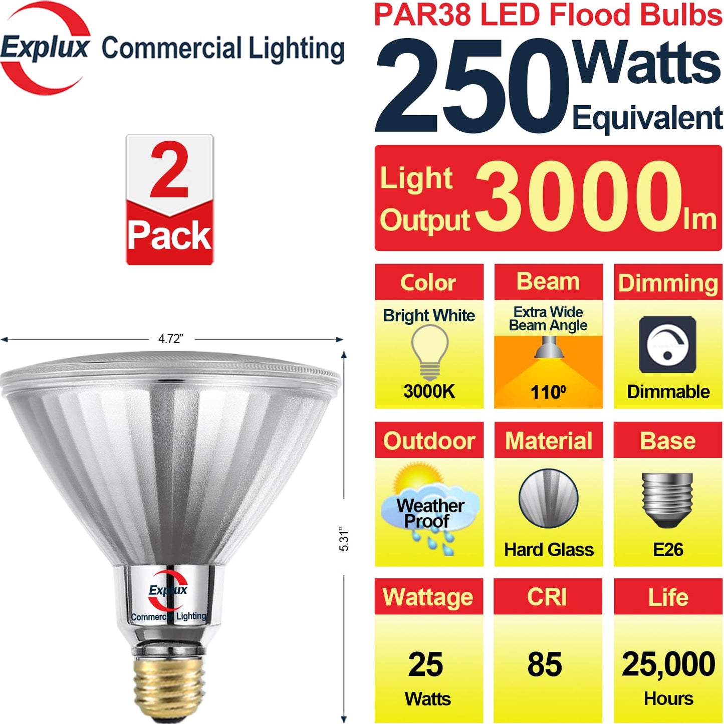Explux Par38 Led Flood Light Bulb, 250W Equivalent, 2800 Lumens, Dimmable, 3000K Bright White, 2-Pack, Waterproof, Hard Glass