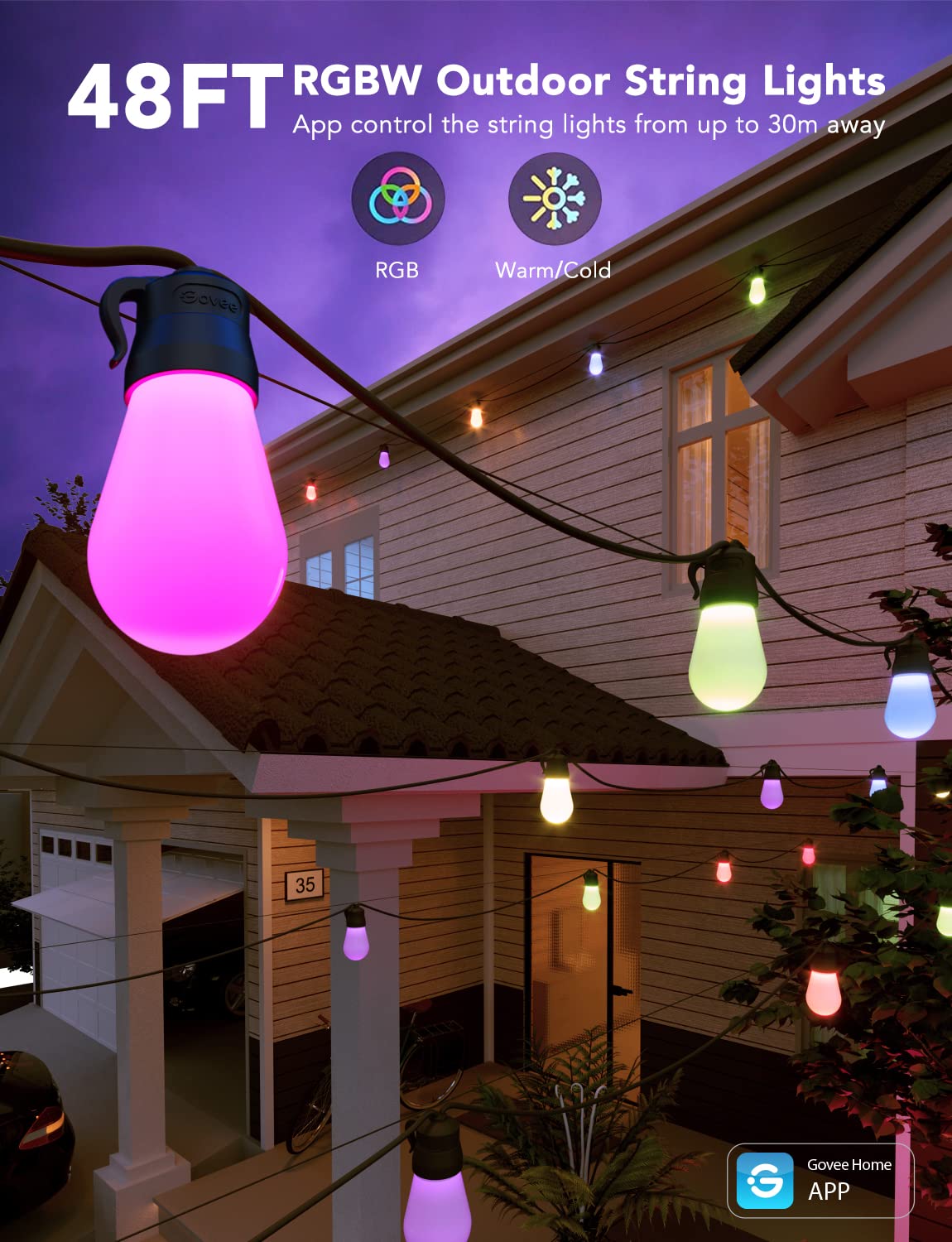 Govee Smart Outdoor String Lights H7015, 48ft, RGBIC, 15 Dimmable LED Bulbs, IP65 Waterproof, Black/Clear