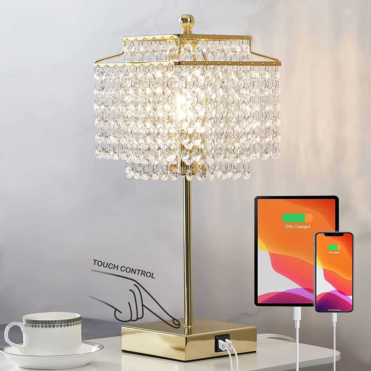 Luvkczc Crystal Table Lamp, Touch Control, 3-Way Dimmable, 6W LED Bulb Included, Gold Finish