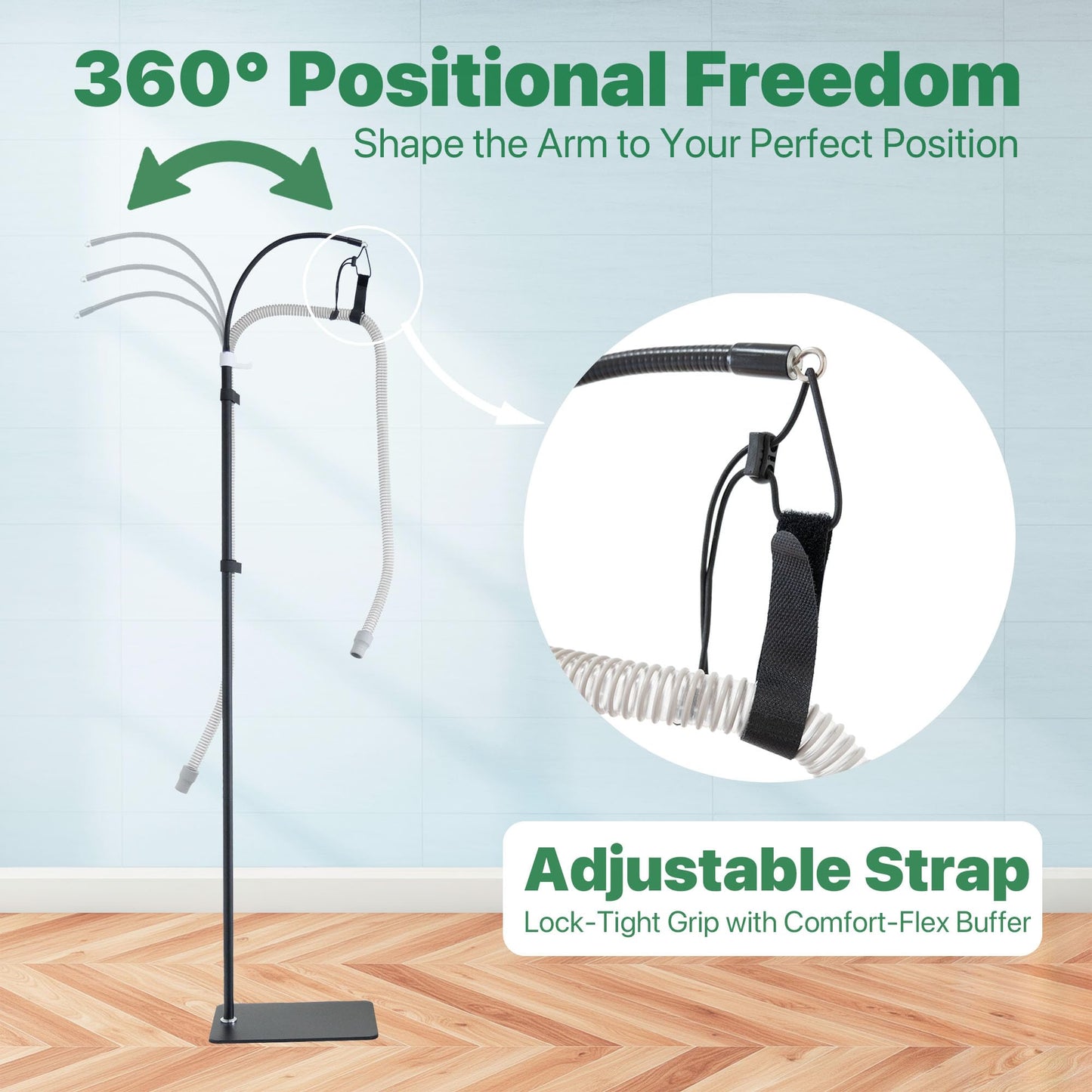 CPAP Hose Holder Stand for Improving Sleep Comfort- Customizable Height & Position for All Bed Heights, Includes Mask Hook & Tube Straps, Prevents Hose Pulling & Tangling