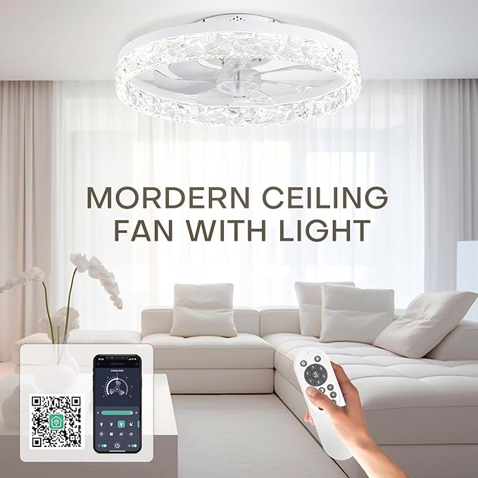 STERREN Ceiing Fan with Light, 19.7'' Low Profile Crystal Ceiling Fan with Remote Control, Modern Flush Mount LED Ceiling Fans, Bladeless White Fandelier for Bedroom, Living Room, Kitchen