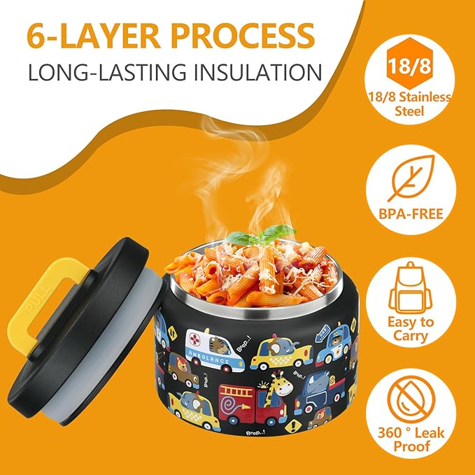 PIQUEBAR 8oz Kids Thermo for Hot Food,Small Lunch Thermos Food Container Stainless Steel,Easy Open Wide Mouth Thermo for Hot Cold Food for Preschool Travel (Black Animal Truck)
