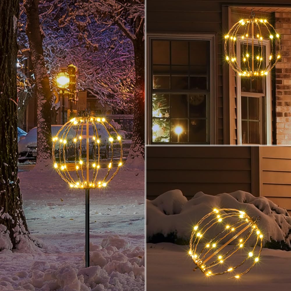 Lightshare 10In 48Led Light Ball Yard Decoration Pathway Lights Sphere Light With Fold Flat Metal Frame Indoor Outdoor Waterproof Garden Lights  Brown Frame / Warm White Lights  10