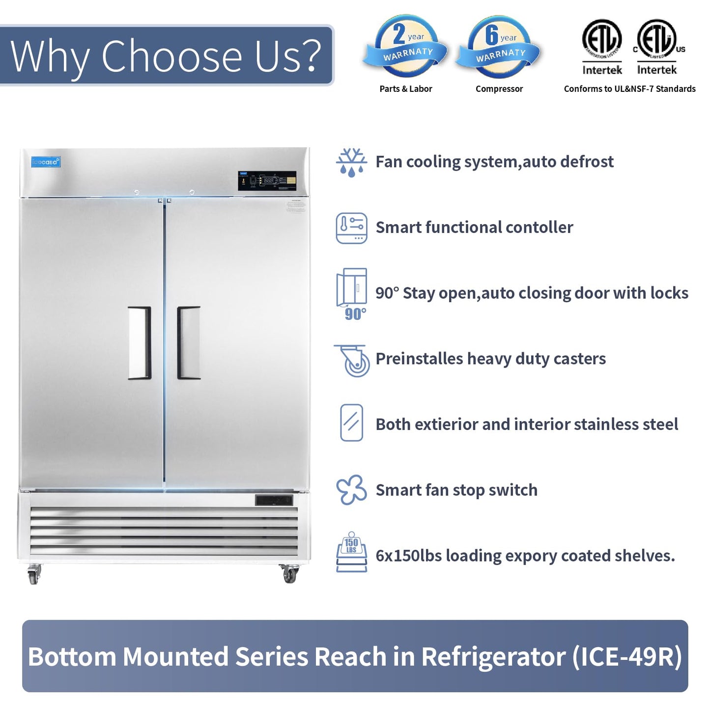 ICECASA 54" W Commercial Refrigerator Reach-in 49 Cu.ft 2 Solid Door Stainless Steel Commercial Refrigerator Fan Cooling for Restuarant, Bar, Shop, etc
